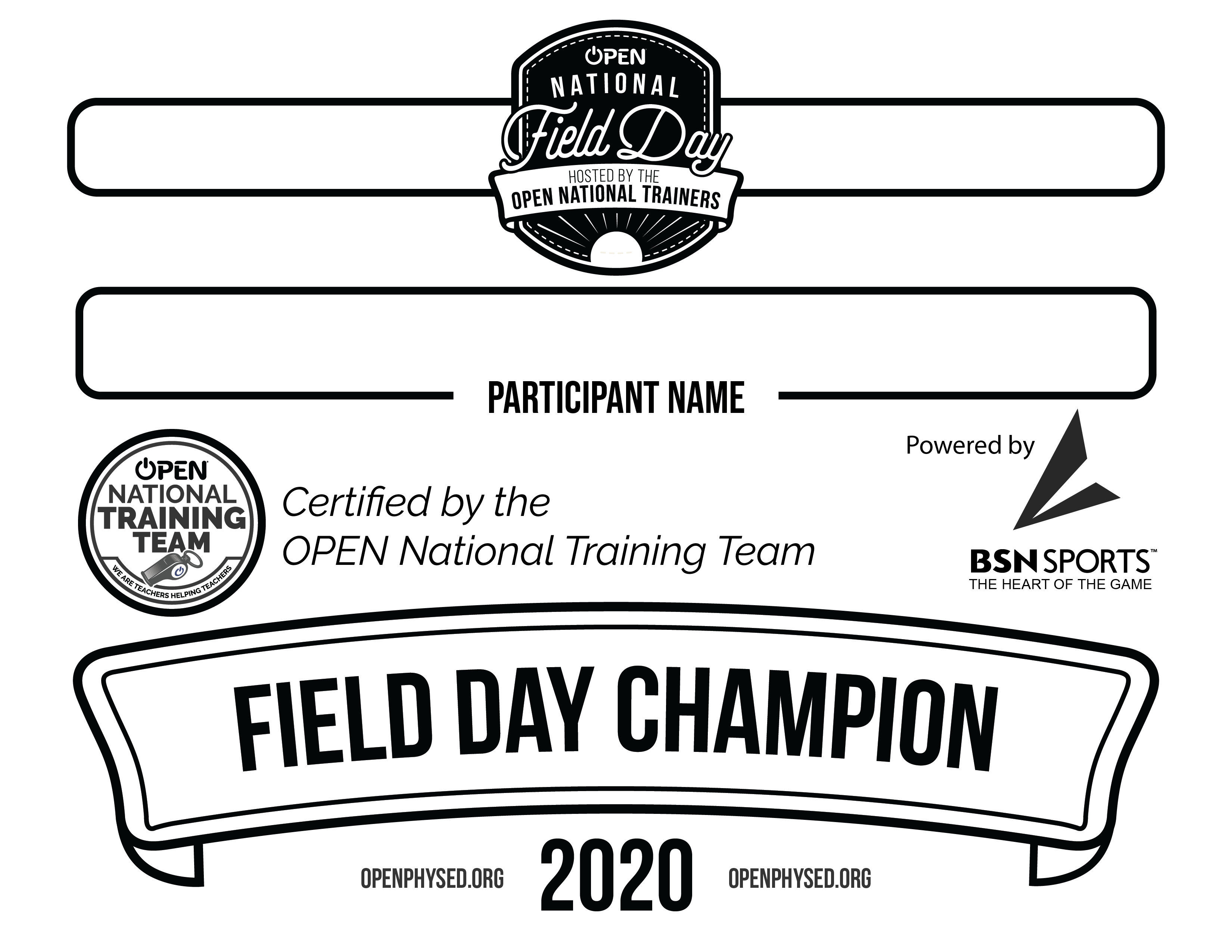 Field Day Champion Certificates OPEN Physical Education Curriculum